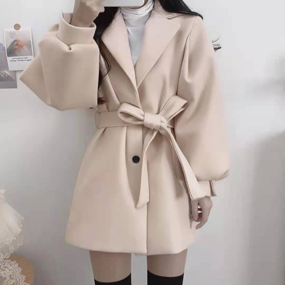 新款韓版秋冬裝中長款毛呢大衣氣質泡泡袖小個子西裝領呢子外套女