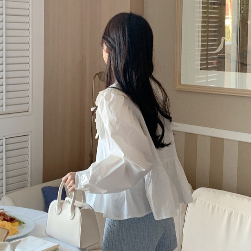 韓版chic氣質木耳邊氣質白色襯衫女裝ins減齡娃娃領長袖襯衣
