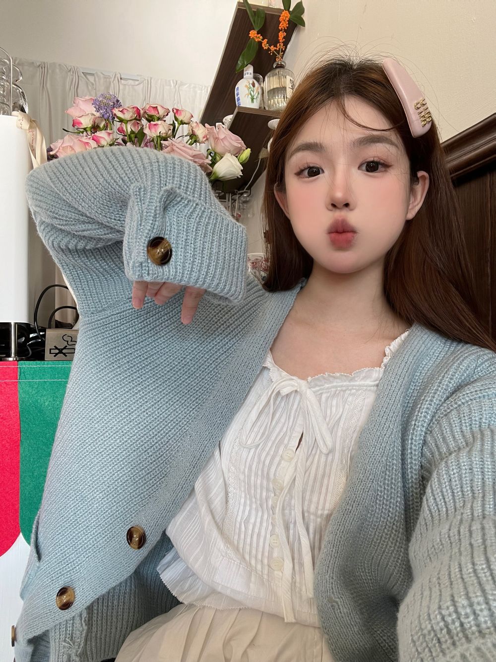 Actual shot of three standard autumn and winter French gentle and chic knitted cardigan sweater jackets