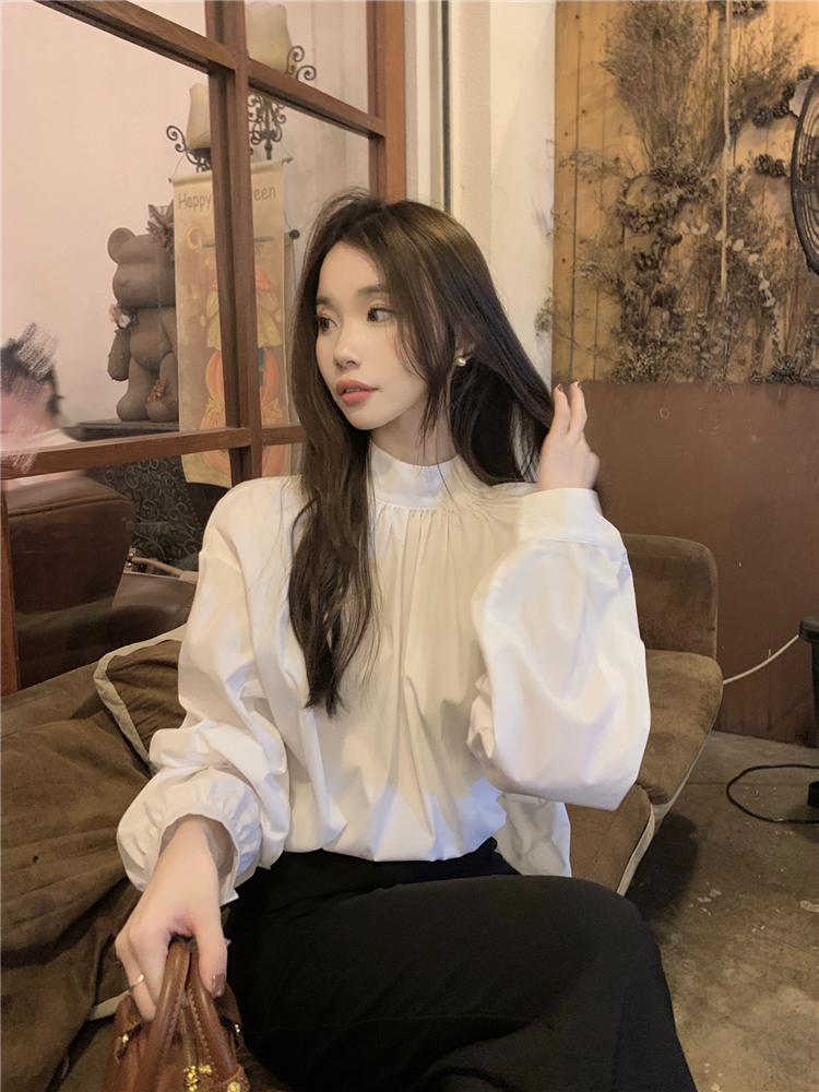 實拍！韓系設計感前後兩穿襯衣女復古立領系帶寬鬆襯衫上衣