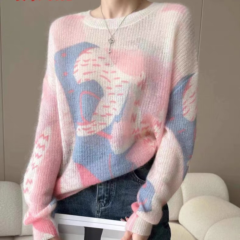 溫柔風軟糯親膚圓領套頭提花上衣女2023秋季新款寬鬆洋氣毛衣彩色
