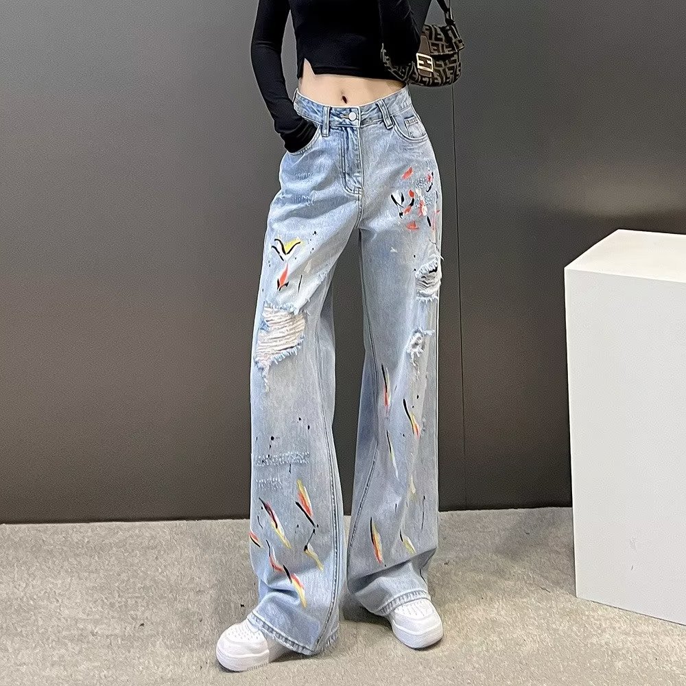 美式設計感破洞拖地闊腿牛仔褲女新款寬鬆高腰顯瘦窄版直筒長褲