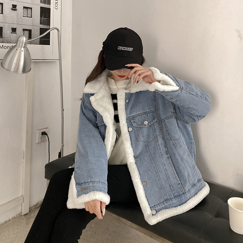 實拍~兩面穿牛仔拼接外套女加絨加厚bf風棉服寬鬆牛仔外套女