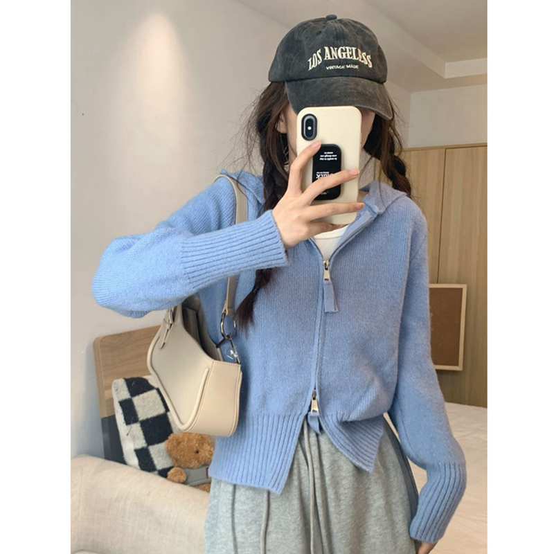 2023秋冬新款連帽衛衣女小個子打底內搭短款毛衣開衫針織外套女裝