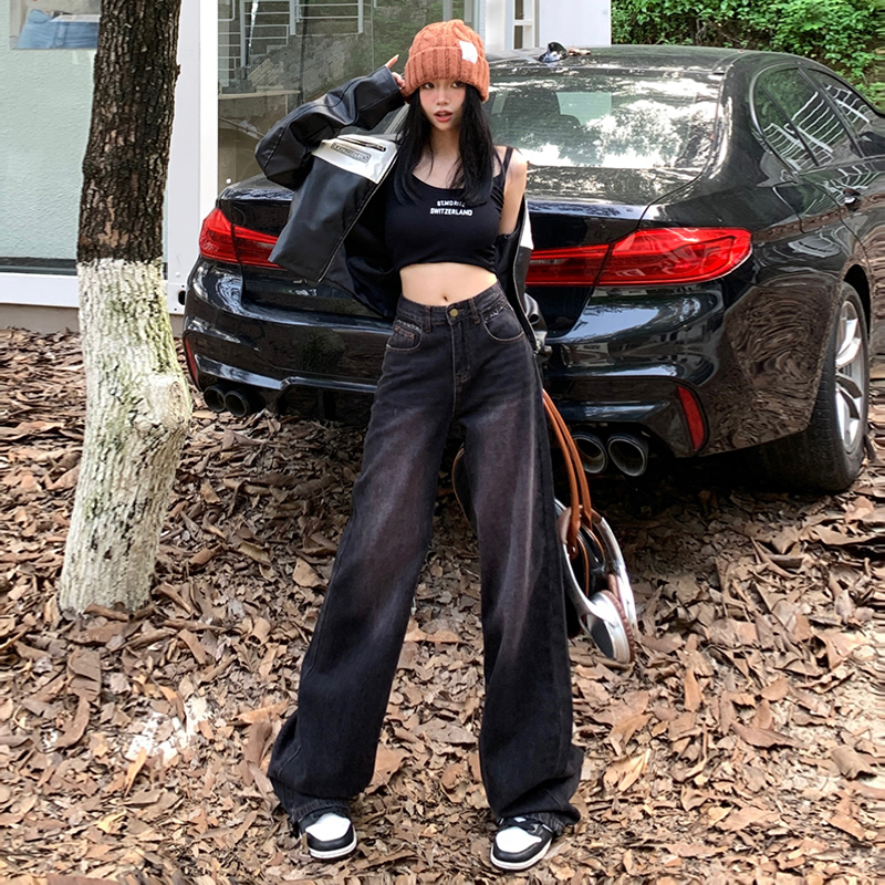 實拍2023秋季時尚美式復古水洗牛仔褲女高腰顯瘦闊腿直筒