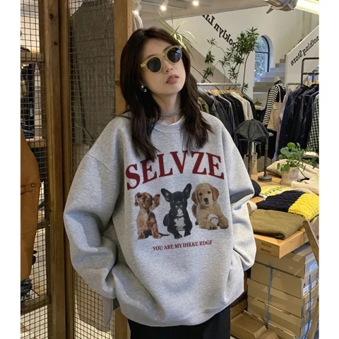 魚鱗8515薄款可愛卡通印花休閒圓領衛衣女寬鬆減齡上衣ins