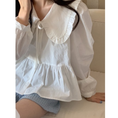 韩版chic气质木耳边气质白色衬衫女装ins减龄娃娃领长袖衬衣