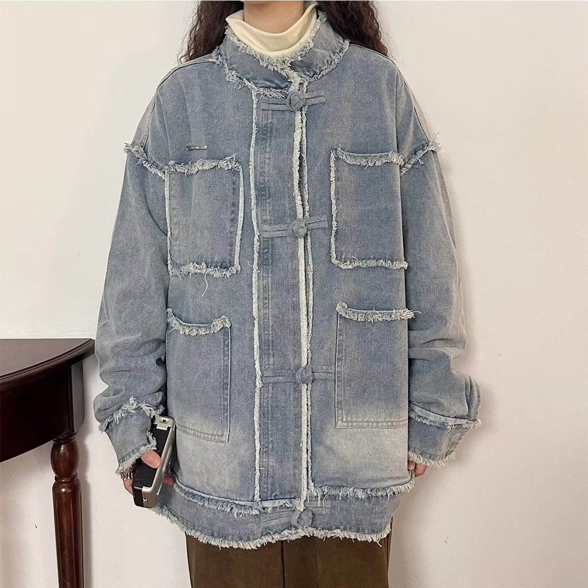Autumn raw edge shoulder pad short denim jacket for women American retro high-end sense handsome design niche jacket