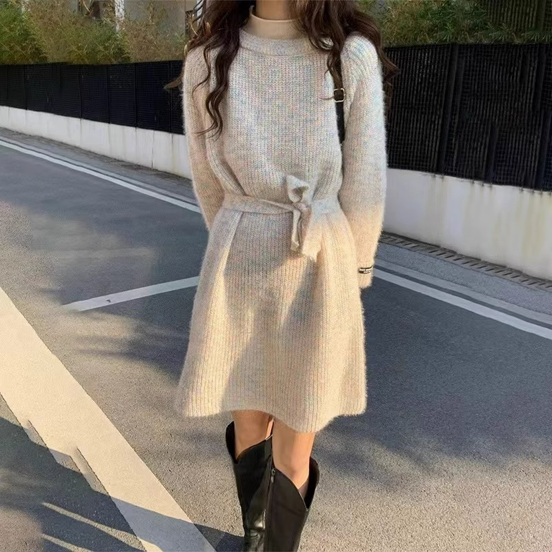 北極絨腈綸48%錦綸22%PBT30%女秋冬修身慵懶風針織毛衣連衣裙