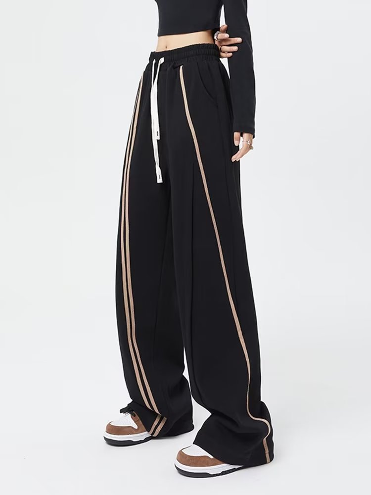 條紋運動褲女2023年早春美式復古hiphop休閒寬鬆垂感闊腿拖地衛褲