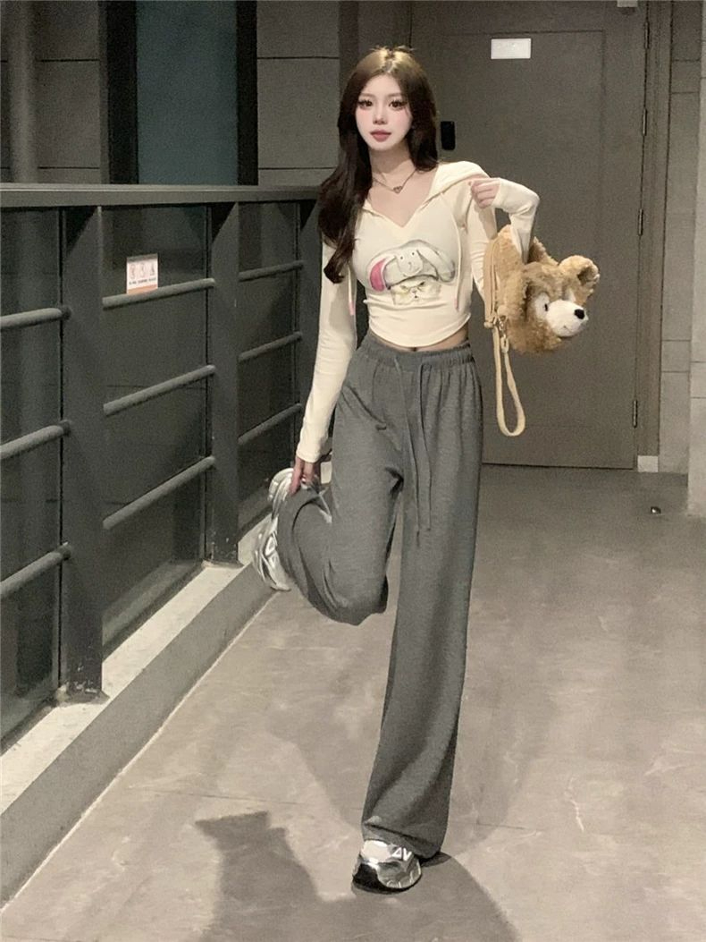 秋季卡通印花v領連帽長袖t恤女垂感抽繩修身時尚