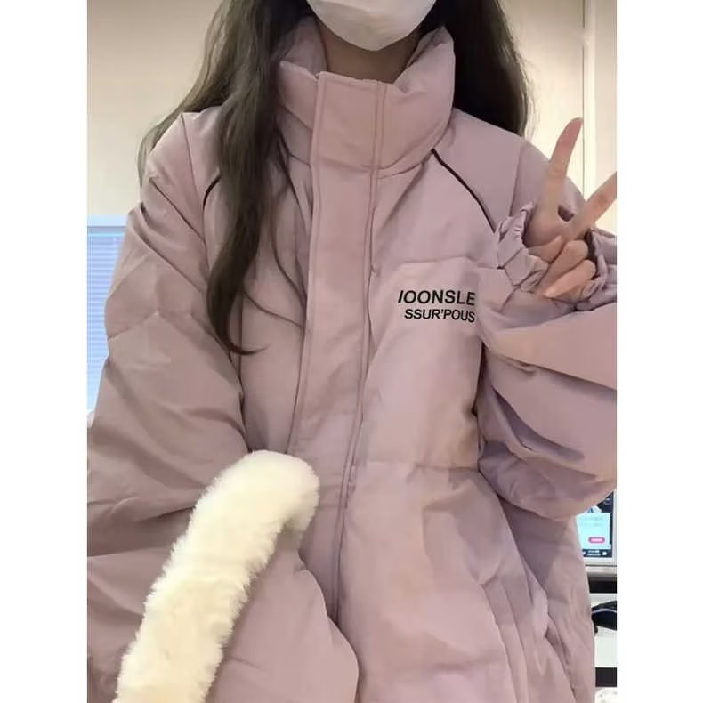 學院風粉色保暖字母印花立領麵包服棉衣外套女冬季ins加厚棉服潮