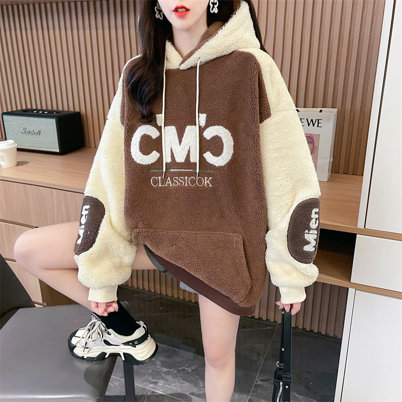 實拍 羊羔絨加厚衛衣女秋冬厚款毛茸茸保暖洋氣連帽上衣女外套