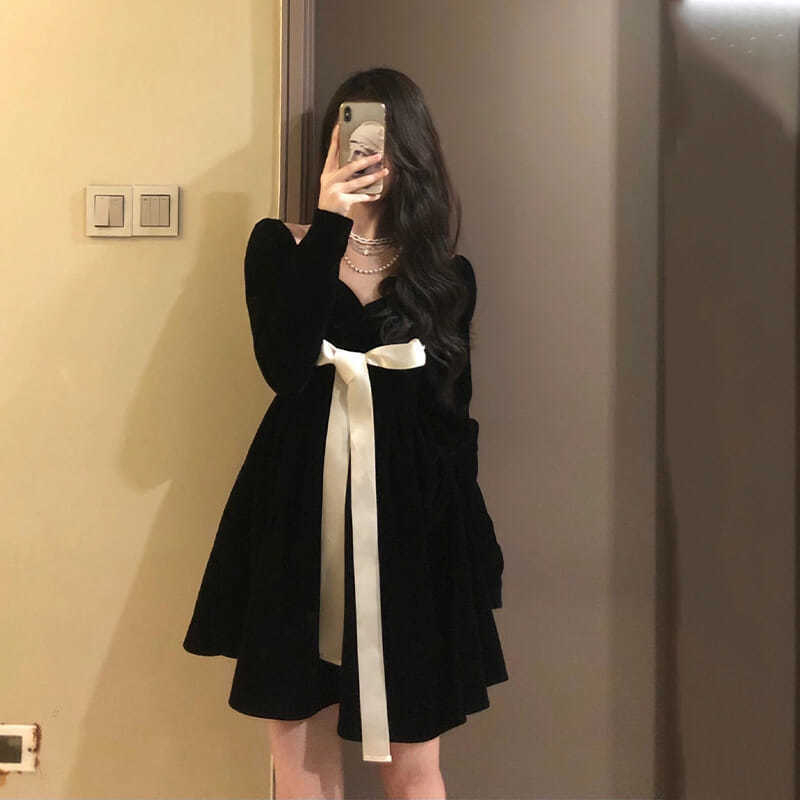 原版做法 有里布法式赫本風連衣裙女秋新款蝴蝶結收腰顯瘦裙子