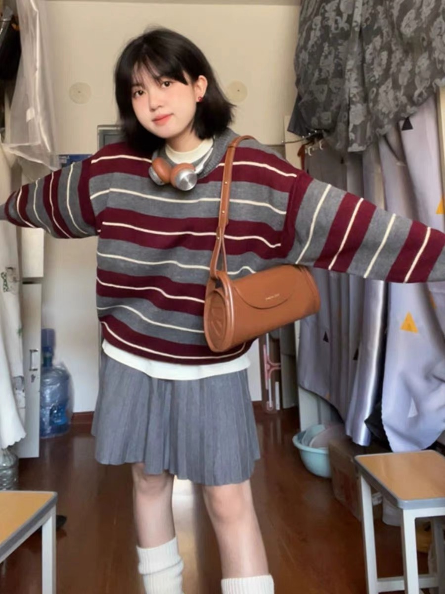 日系復古vintage撞色條紋毛衣女冬寬鬆慵懶風軟糯套頭針織衫上衣
