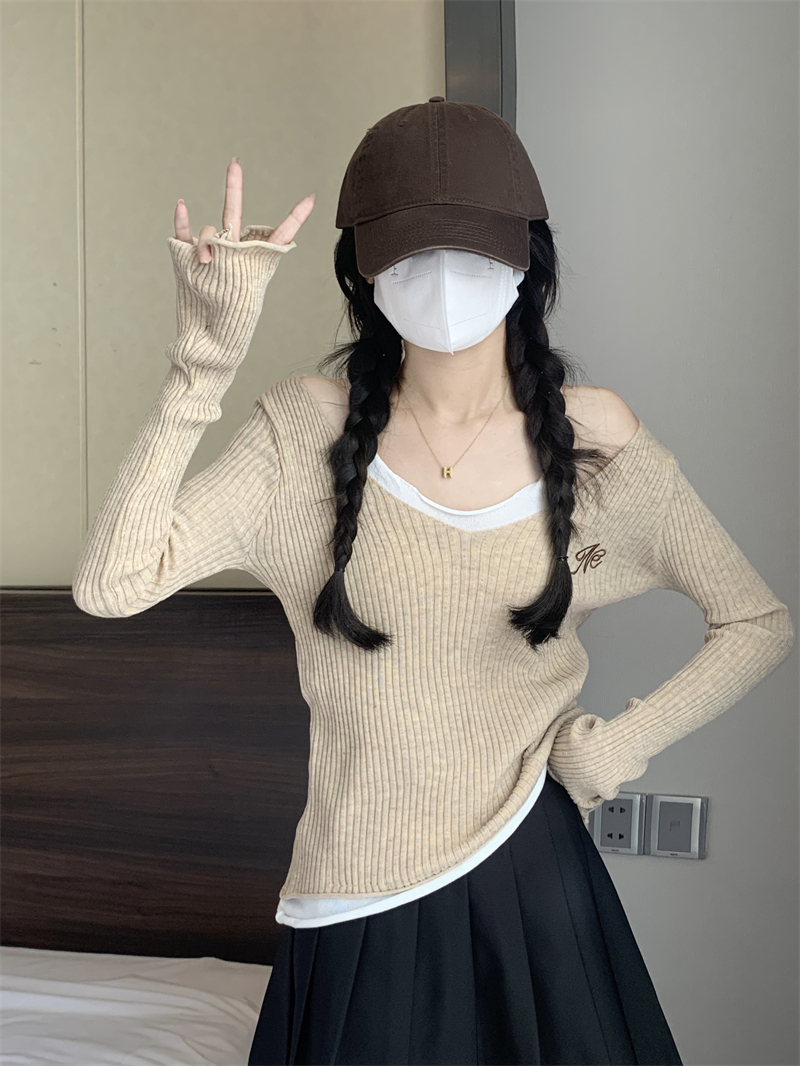實拍 新款假兩件U領針織衫女設計感打底衫外穿掛脖長袖上衣