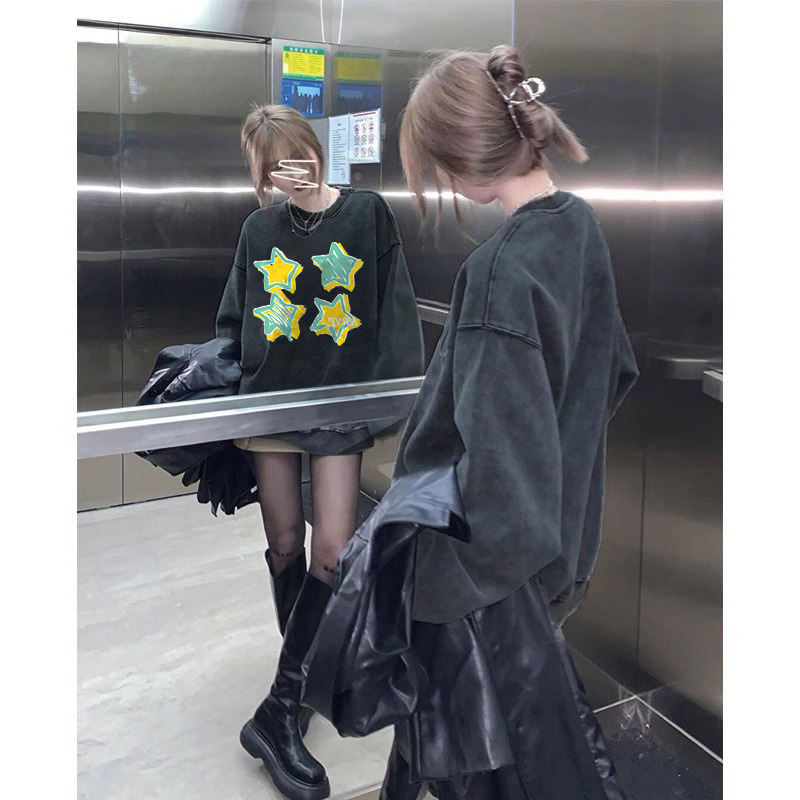水洗灰純棉美式衛衣oversize小眾高街潮牌ins春秋寬鬆慵懶上衣女