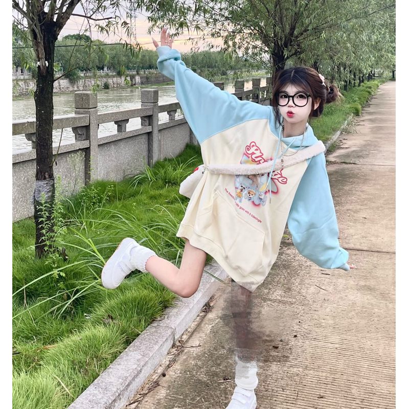 加絨潮牌拼色寬鬆連帽印花衛衣女潮