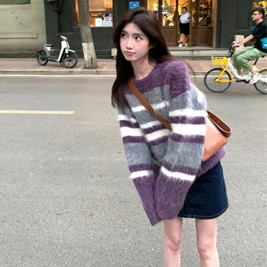 高級感美拉德圓領條紋針織毛衣女秋冬新款氣質減齡寬鬆百搭上衣
