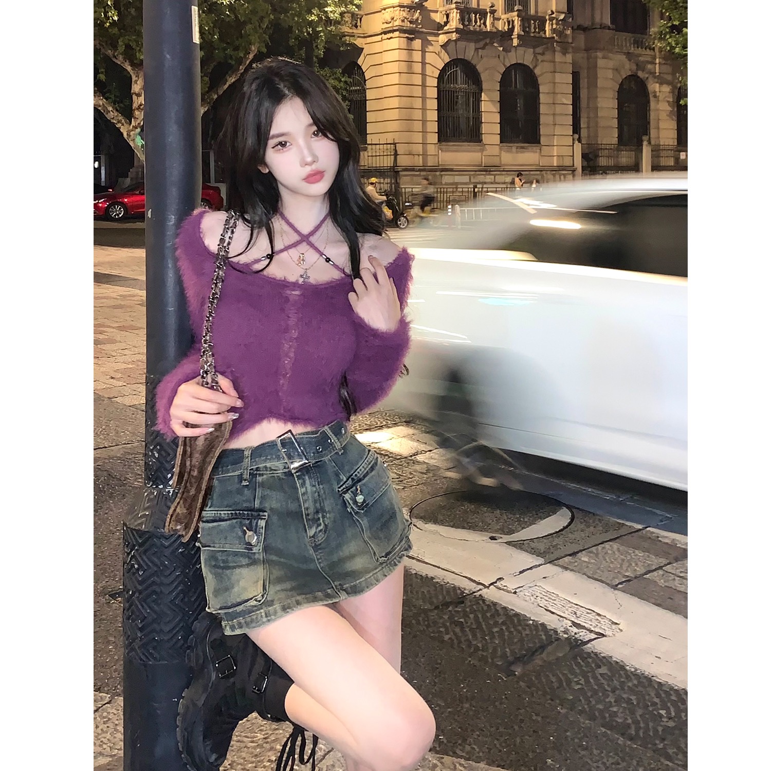 JMSHOP10/8 晚NEW迷人的危險紫色性感辣妹上衣毛茸長袖針織衫