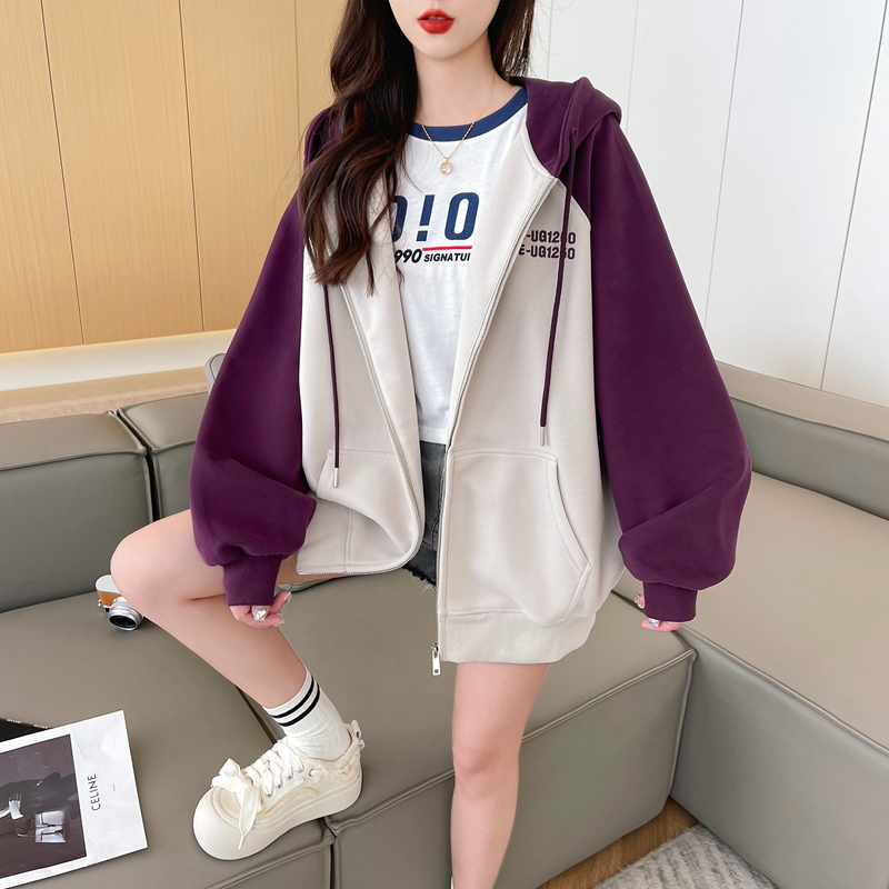實拍華棉銀狐絨 寬鬆連帽棒球服外套女秋冬設計感拼接刺繡開衫