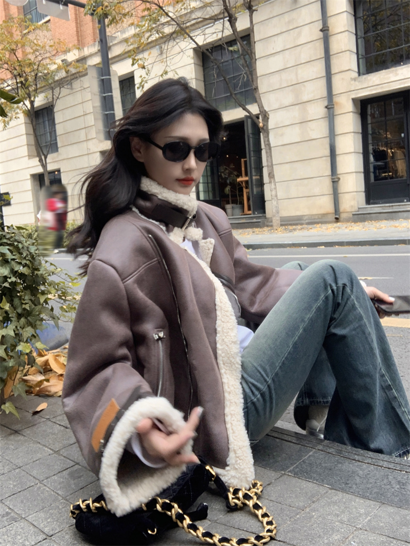 實拍 皮毛一體羊羔毛棉服外套加厚絨機車服