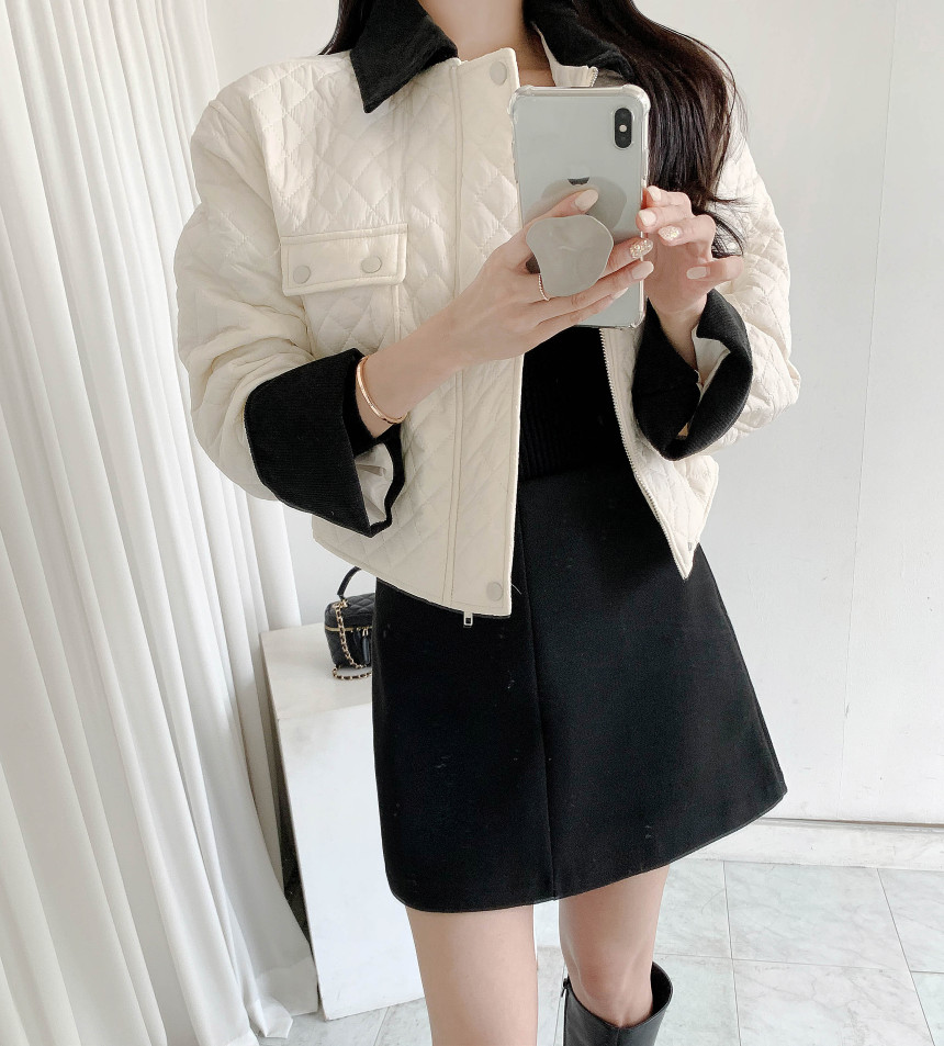 韓國chic秋冬新款法式撞色翻領菱格棉衣女寬鬆廓形棉服外套