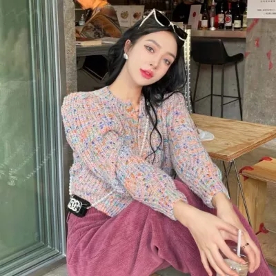韓國東大門秋冬新款設計感小眾重工厚實百搭彩色球球開衫針織毛衣