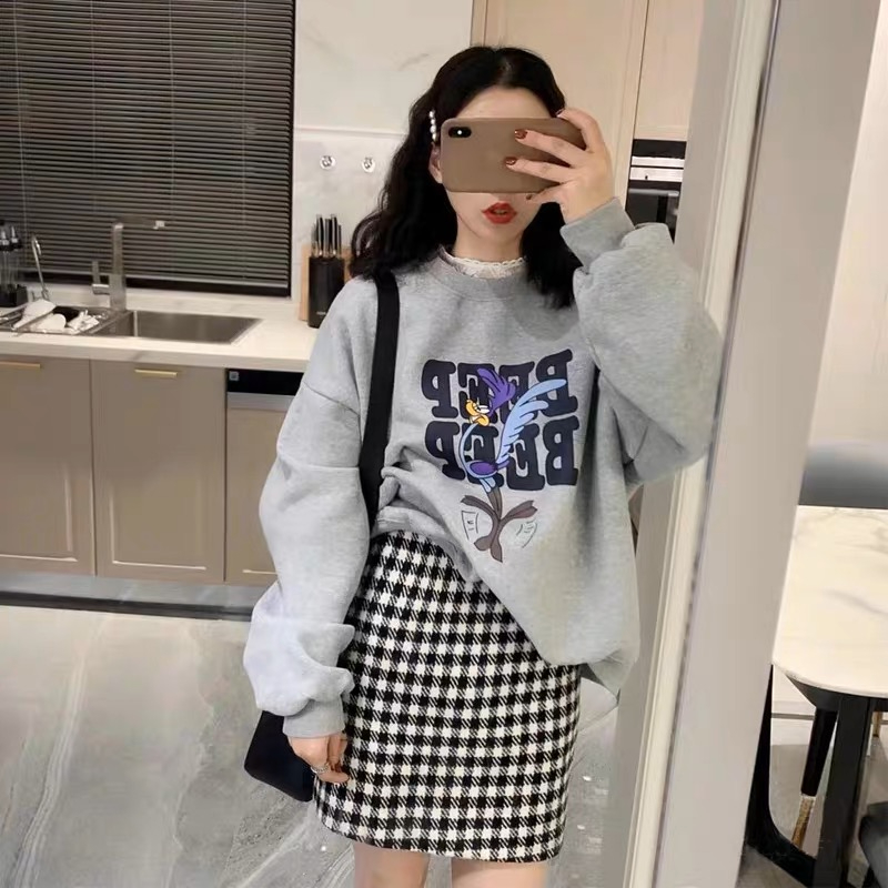 美式復古圓領無帽灰色大碼秋冬季加絨加厚寬鬆衛衣女oversize潮牌