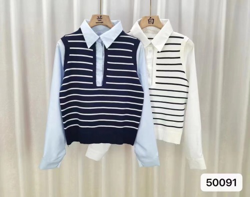 New autumn and winter Korean style fashionable shirt collar spliced ​​striped vest half-chest long-sleeved top for women