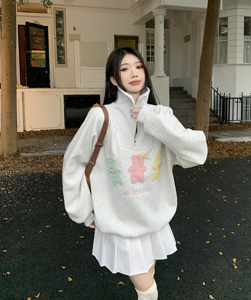 實拍  秋冬新款少女感大翻領寬鬆休閒短款上衣套頭衛衣