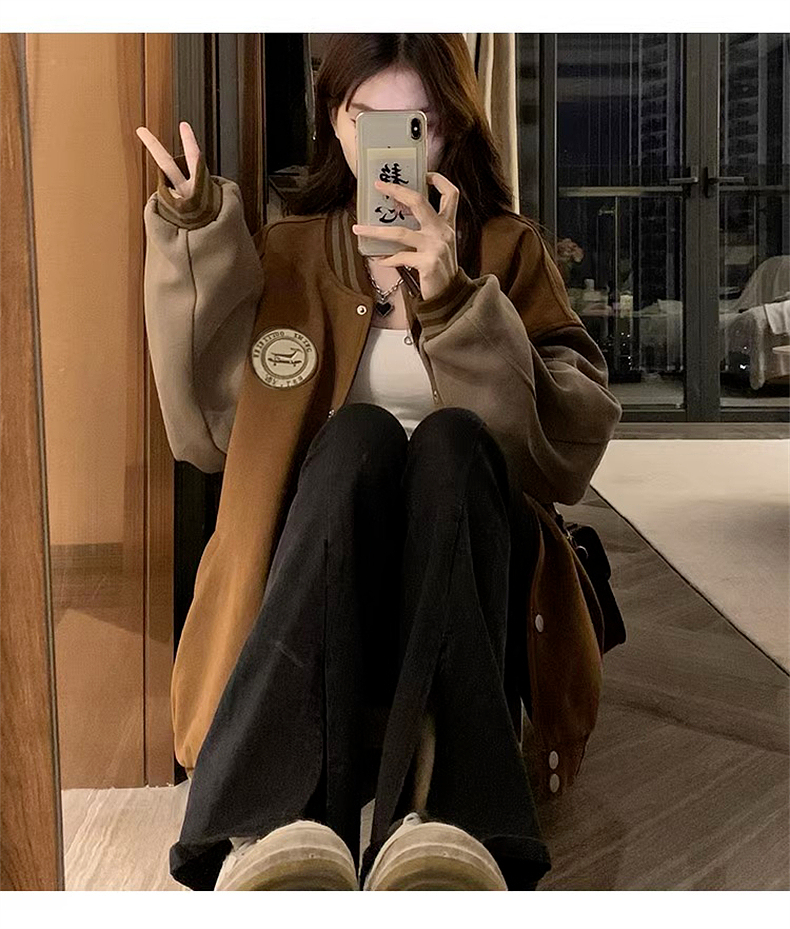 黑色棒球服女加絨2023秋冬新款美式復古學院風上衣寬鬆夾克外套潮