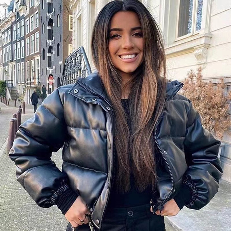 VanessaLab冬季新款黑色pu皮短款羽絨棉服女修身加厚麵包服外套