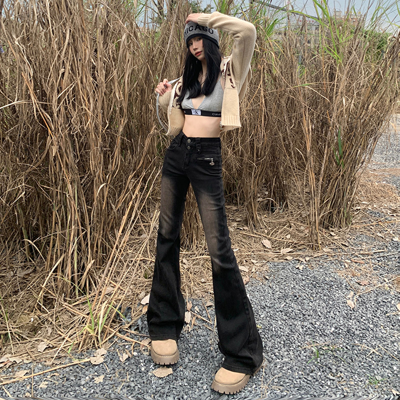 實拍2023秋季時尚美式高街微喇牛仔褲女辣妹高腰彈力顯瘦長褲