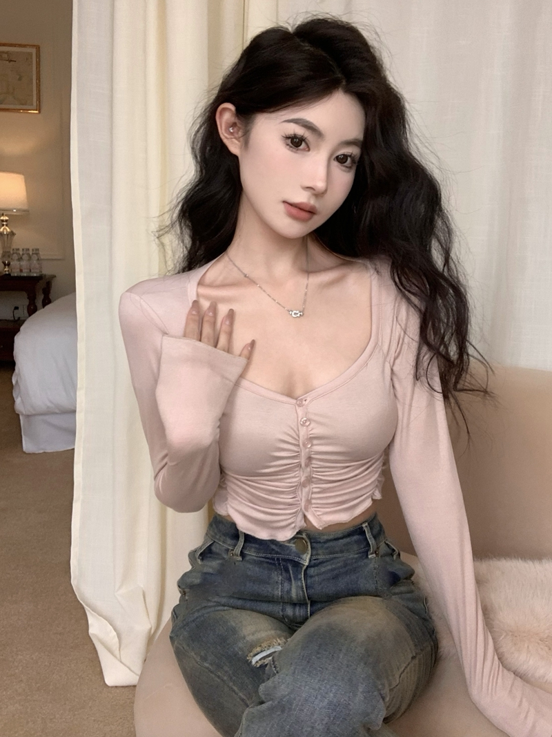實拍純欲性感辣妹風褶皺木耳邊長袖T恤女修身顯胸內搭打底衫