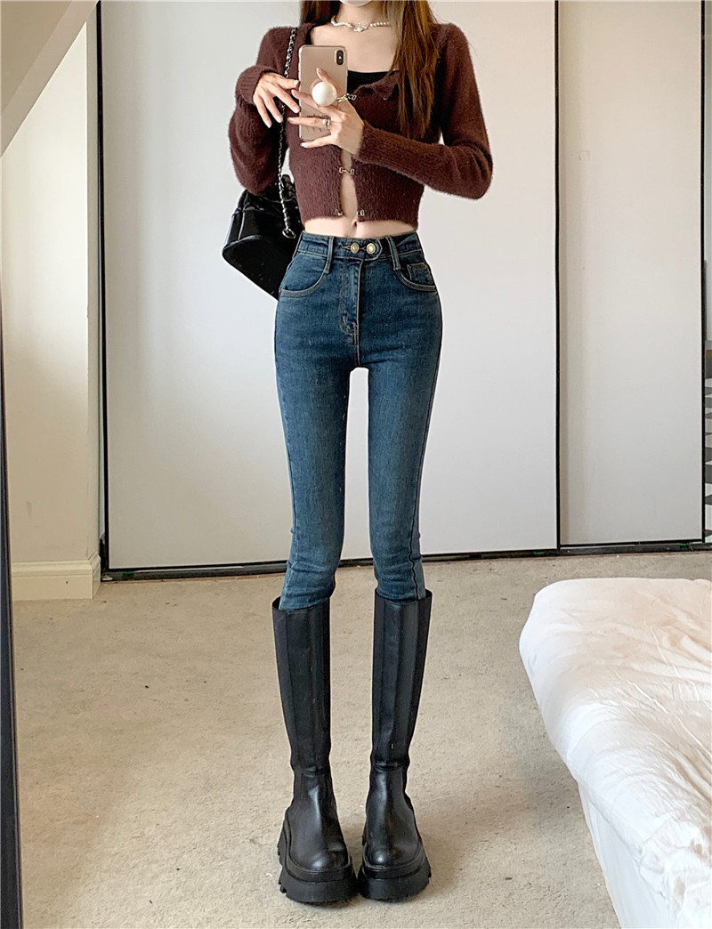 ~實拍抓絨牛仔褲女秋冬新款高腰緊身修身小腳鉛筆褲子