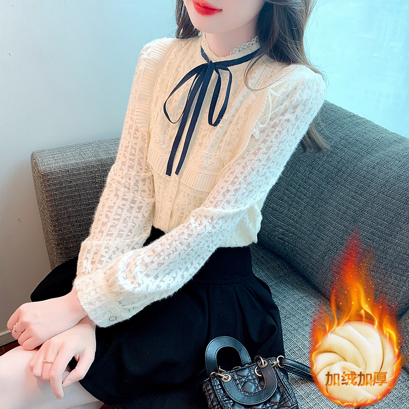 磨毛蕾絲打底衫女2023新款秋裝蝴蝶結通勤上衣長袖洋氣好看襯衫