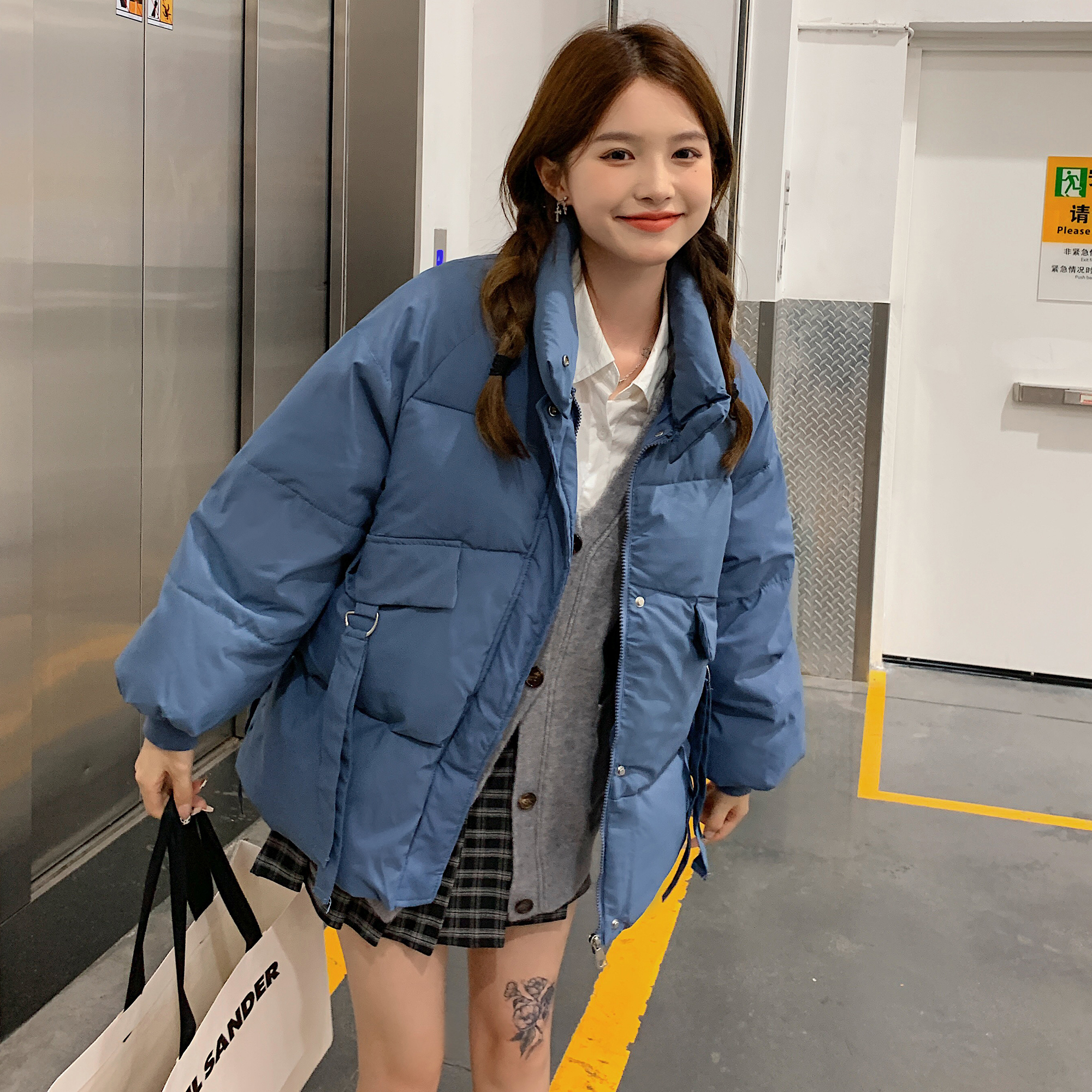 實拍2023東大門加厚羽絨棉服女綁帶寬鬆立領麵包服網紅棉襖潮外套