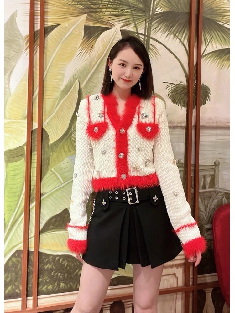 明星同款飛春季新款紅白拼接毛絨針織開衫小香風輕奢毛衣外套女