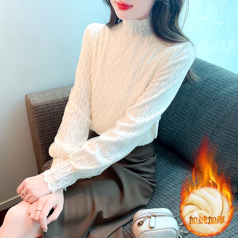 加絨加厚半高領蕾絲打底衫女士秋冬新款法式內搭上衣洋氣漂亮小衫