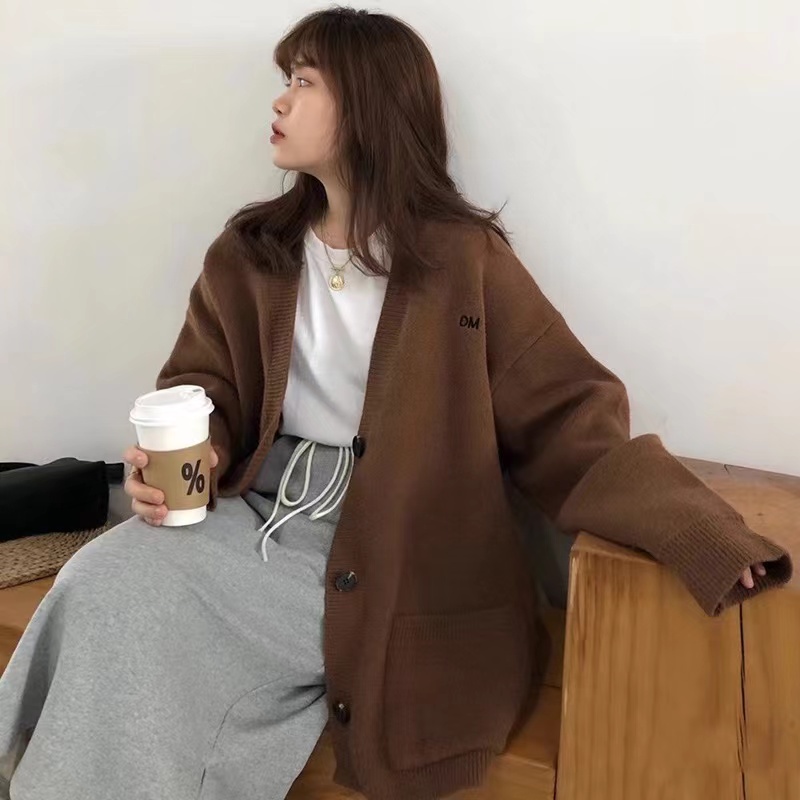 秋裝新款韓國ins慵懶風大板型大碼針織開衫加厚寬鬆v領毛衣外套女