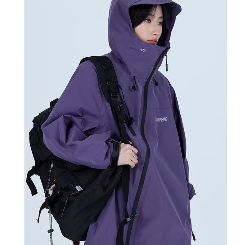 戶外防雨防水斜拉鏈機能衝鋒衣外套女秋休閒寬鬆連帽工裝夾克潮