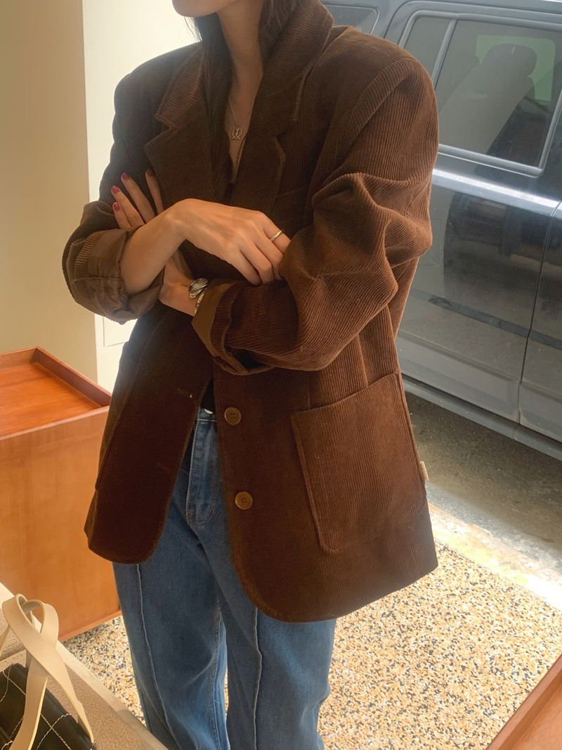 Real shot American retro lapel single-breasted corduroy suit loose jacket casual suit