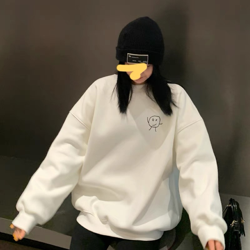 白色加絨加厚衛衣女圓領套頭寬鬆oversize小個子中長款