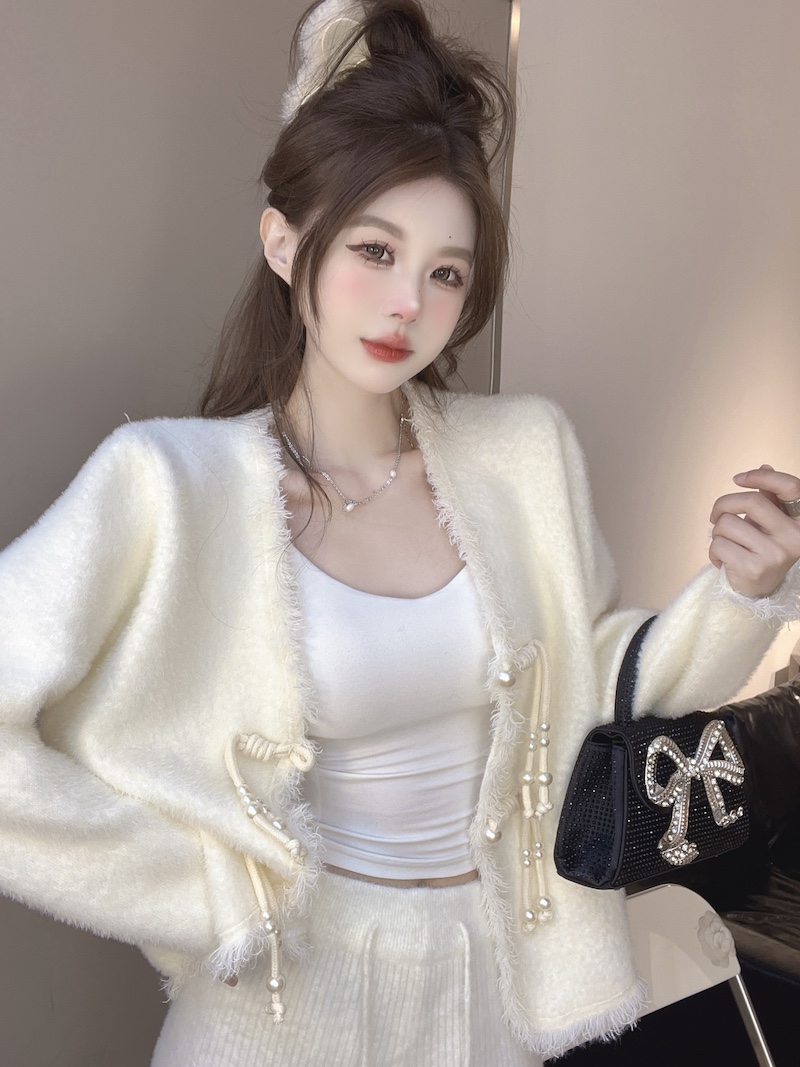 實拍 中國風盤扣毛衣女秋冬v領水貂絨開衫外套寬鬆顯瘦長袖上衣