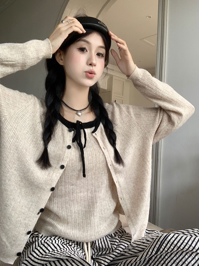 ins風時尚套裝長袖針織開衫外套女秋季撞色綁帶吊帶背心兩件套