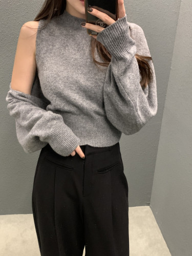 韩国chic秋季复古简约无袖背心+毛衣披肩开衫两件套装