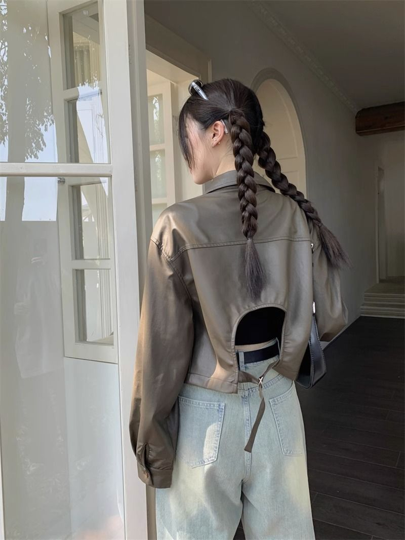Short leather jacket women's autumn Korean version 2023 new backless design loose long-sleeved jacket motorcycle wear trend