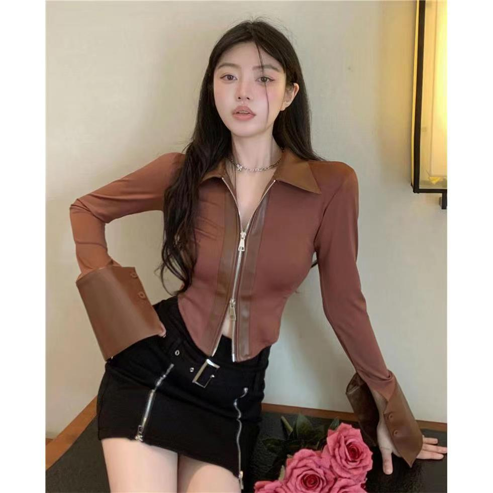 設計感小眾別致襯衫女皮拼接拉鏈修身顯瘦長袖上衣