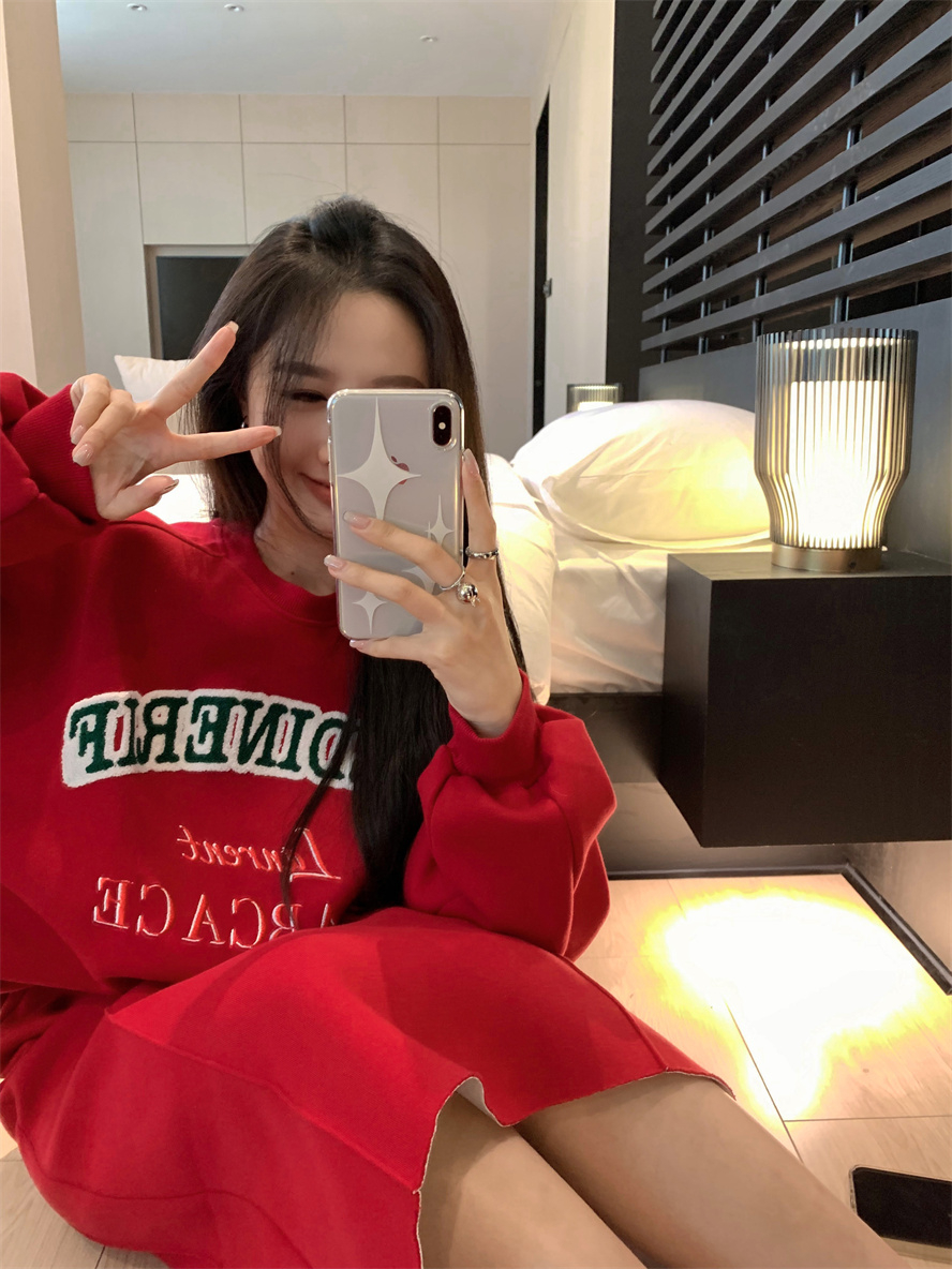華棉復銀狐絨 美式復古字母長袖衛衣女秋冬ins潮紅色寬鬆上衣套裝